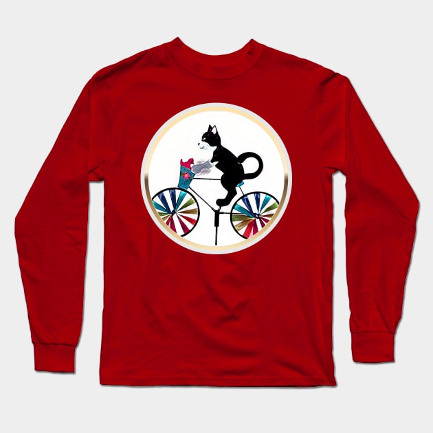 Black Cat on bike (gold frame circle) Long Sleeve T-Shirt by PersianFMts